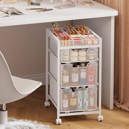 JKsmart Rolling Makeup Cart Organizer with 3 Drawers, Cosmetics Display with Dividers, Floor Skincare Storage with Wheels, Versatile Vanity Organizer for Nail Polish Perfume Brush Hair Tool, White