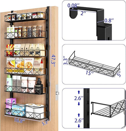 MIAOLI Over the Door Organizer, Black 6-Tier Pantry Door Organizer with Adjustable Basket, Hanging Spice Rack Cabinet Door Shelves, Laundry Room Organization and Storage