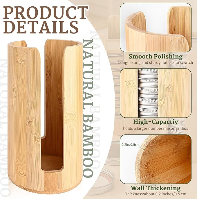 2 Pack Mason Jar Lid Organizer, Bamboo Lid Holder for Wide & Regular Mouth Canning Lids & Rings, Compact Space-Saving Rack for Kitchen Countertop & Cabinet, Holds 10–12 Lids