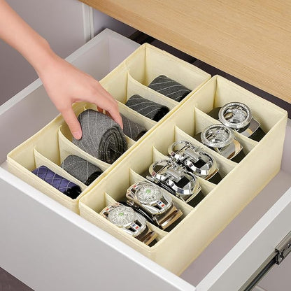 3 Packs Fabric Belt Organizer, 6 Grids Belt Organizer for Closet and Drawer, Foldable Dresser Drawer Organizers, Tie Storage -Beige