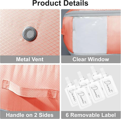 Comforter Storage Bag - Large Capacity Blanket Storage Bags 3-Layer Ultra Space Saving Self Compression Organizer, Washable Compression Bags for Storage Comforter Blanket, 6-Pack, Pink