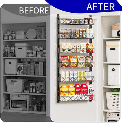 MIAOLI Over the Door Organizer, Black 6-Tier Pantry Door Organizer with Adjustable Basket, Hanging Spice Rack Cabinet Door Shelves, Laundry Room Organization and Storage