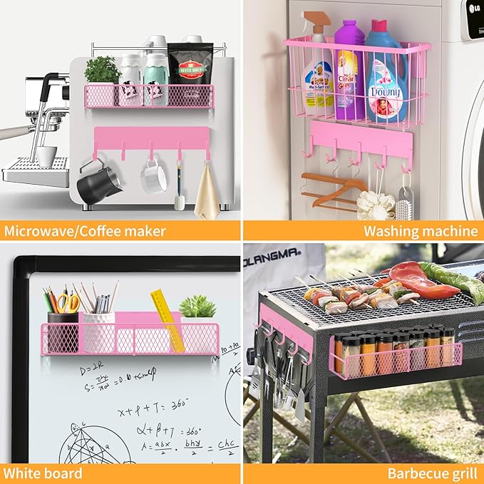 DTUQYX Magnetic Spice Rack for Refrigerator, 7 Pack Metal Magnetic Shelf, Moveable Magnetic Storage Fridge Organizer Pink, Spice Organizer, Hook Rack, Paper Towel Holder, Cutting Board Holder, HM5470