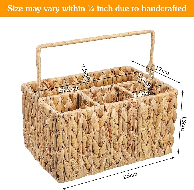 Hand-Woven Wicker Silverware Organizer - Water Hyacinth Cutlery Holder for Countertop with Handle (1-Pack)