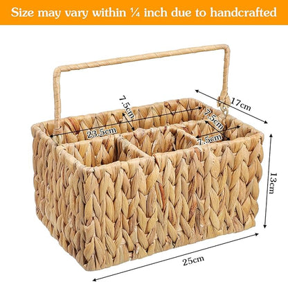 Hand-Woven Wicker Silverware Organizer - Water Hyacinth Cutlery Holder for Countertop with Handle (1-Pack)