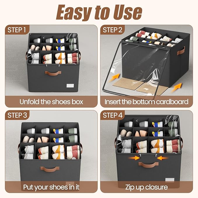 PHINOX Shoe Organizer for Closet, 2 Pack Fabric Shoe Organizer Storage Box, Shoe Storage Containers with Clear Cover, Closet Shoe Storage for Boots Sandals Slippers,Fits 16-32 Pairs, Black