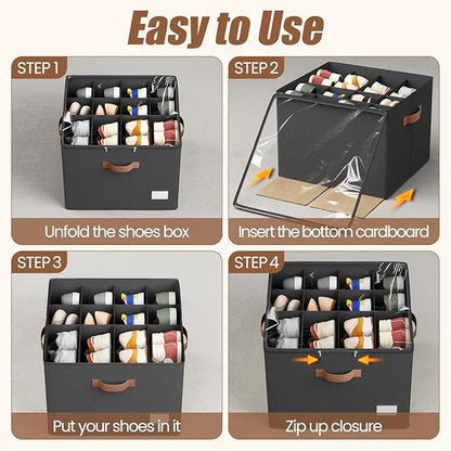 PHINOX Shoe Organizer for Closet, 2 Pack Fabric Shoe Organizer Storage Box, Shoe Storage Containers with Clear Cover, Closet Shoe Storage for Boots Sandals Slippers,Fits 16-32 Pairs, Black