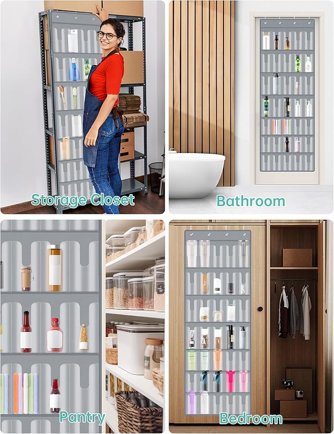 NiHome 35 Pockets Door Hanging Organizer Fit for Stanley 30oz 40oz Tumblers with Handles, Deep Clear Pockets with Handle Slots, Waterproof Oxford Fabric for Kitchen, Cabinet, Pantry, Closet (Gray)