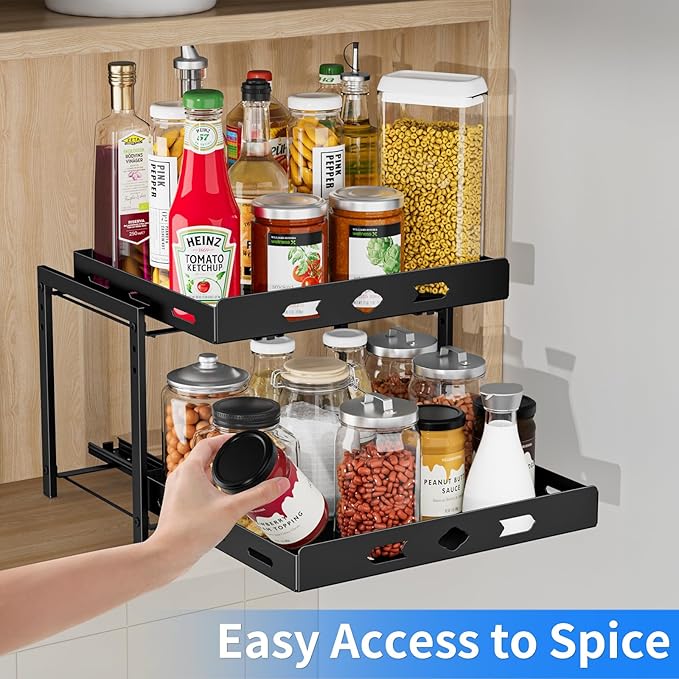 BOIVSHI Spice Organization for Cabinet, 2-Tier Cabinet Spice Rack, Height Adjustable Vertical Spice Rack Pull Out for Kitchen, Cabinet, Pantry (14.1''Wx10.8''Dx9.2''H, Metal Black)