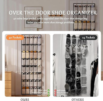 homyfort Over the Door Shoe Organizer, 40 Large Breathable Mesh Pocket,Space Saving Hanging Shoe Rack,Shoe Storage Holder for Entryway Bedroom Closet