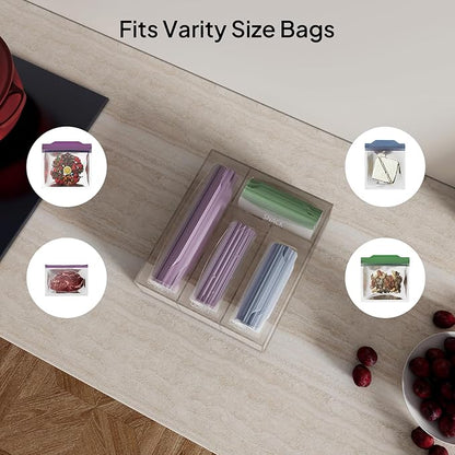Aquiver Acrylic Bags Storage Organizer - Baggie Bags Drawer Organizer & Plastic Food Storage Bags Holder - Compatible with Gallon, Quart, Sandwich, Snap, Freezer, Slider Bags (Clear)