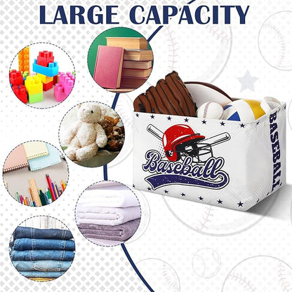 CHENGU 3 Pcs Baseball Baskets Storage Baseball Basket for Gifts Collapsible Waterproof Canvas Cube Sports Storage Bin Organizer with Handles for Clothes Toys Balls Shelf Nursery Boxes Decor