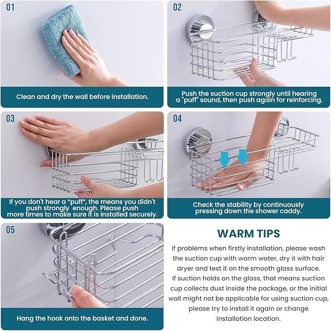 TAILI Shower Caddy Suction Cup 2 Pack with Hooks and Soap Holder, Heavy Duty Shower Organizer for Bathroom, No Drilling Silver Bathroom Suction Shelves-Silver