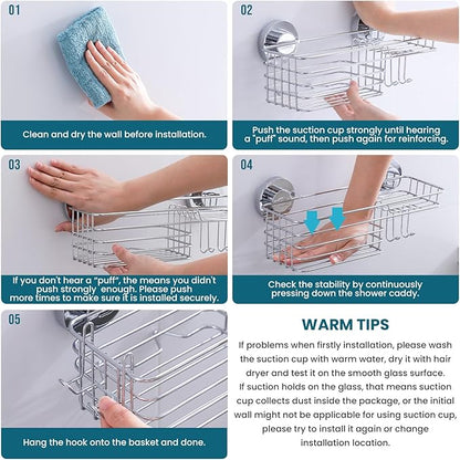 TAILI Shower Caddy Suction Cup 2 Pack with Hooks and Soap Holder, Heavy Duty Shower Organizer for Bathroom, No Drilling Silver Bathroom Suction Shelves-Silver