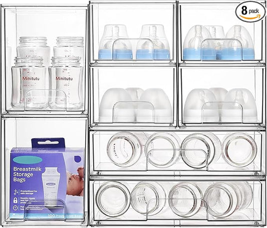 Vtopmart Stackable Storage Drawers Set of 8, Clear Plastic Organizer Bins for Bathroom Supplies,Ideal for Cabinet,Pantry,Laundry Room Organization