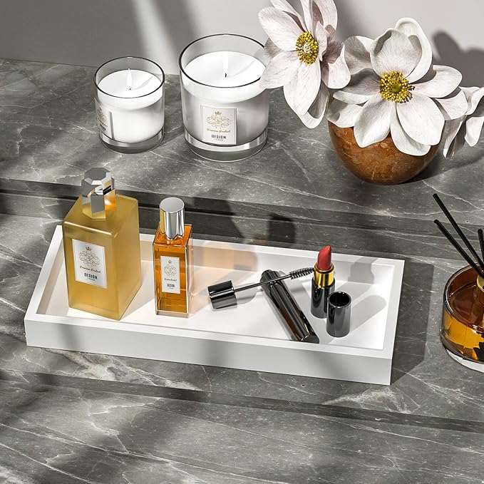 Bathroom Vanity Tray for Counter Bamboo Bathroom Decorative Tray, Dresser Top Perfume Tray for Home Decoration 11.3” L x 4.4” W x 1.14” H （White）