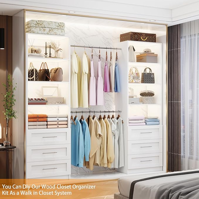 Closet System with 6 Drawers, 6FT-15FT Wooden Closet Organizer System with 8 Expandable Hanging Rods and Shelves, Closet Shelving System for Walk in Closet for Bedroom,Wall Mount, White 2 Sets