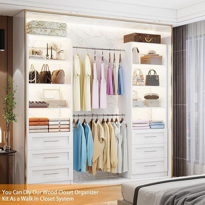 Closet System with 6 Drawers, 6FT-15FT Wooden Closet Organizer System with 8 Expandable Hanging Rods and Shelves, Closet Shelving System for Walk in Closet for Bedroom,Wall Mount, White 2 Sets