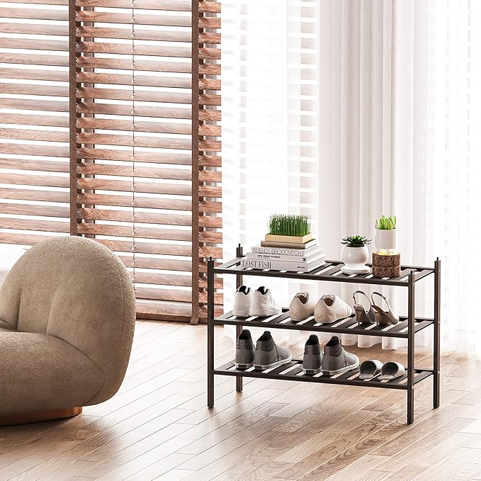Dranixly Shoe Rack, 3-Tier Bamboo Stackable Shelf Storage Organizer, Stand for Closet, Entryway, Hallway, Bathroom and Living Room（Mocha）
