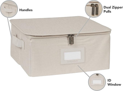 Platter Serveware Storage Box - Durable Polyester, Dual Zippers, Carrying Handles, ID Window, Kitchen Storage, Beige Heather