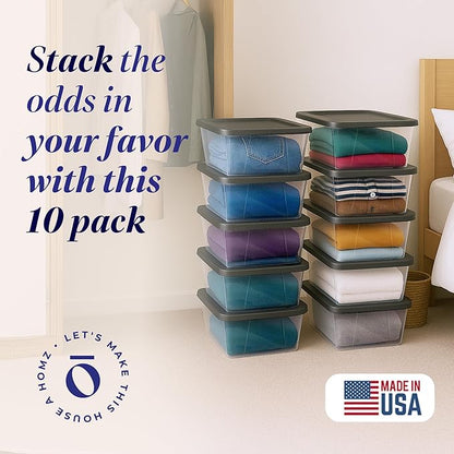HOMZ 10-Pack Snaplock, Small Clear Plastic Storage Organizer Bins w/Lids, 6 Quart, Gray - Stackable Container Boxes for Bedroom, Bathroom, Garage, and Office Organization