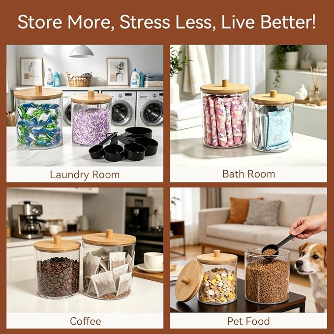 Amolliar Laundry Pods Storage Container, Clear Laundry Room Organization, 2 Pack Large Detergent Container with Bamboo Lids & 27 Labels for Bathroom Organizer (Natural, 0.6+0.4Gal)