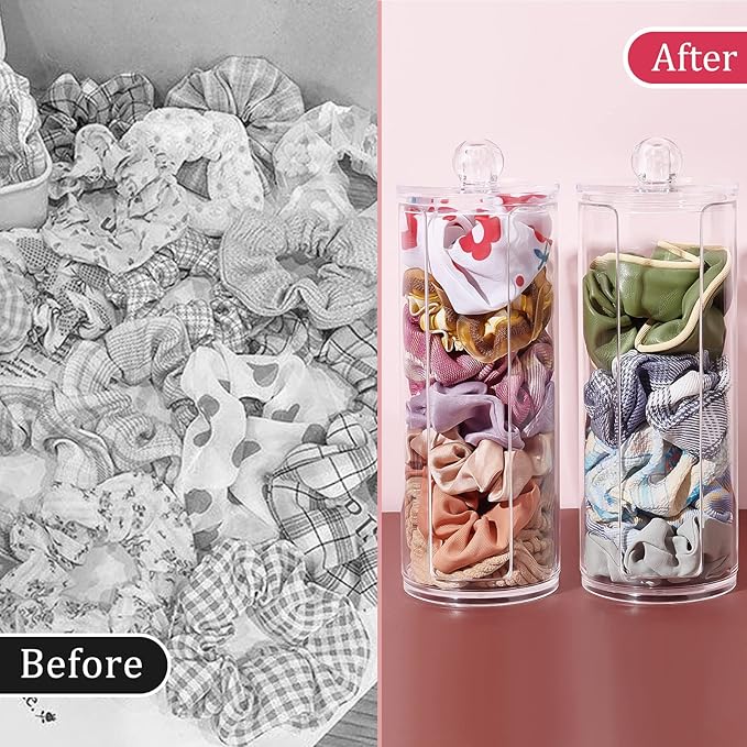 PH PandaHall 2pcs Scrunchie Holder Organizer Acrylic Hair Tie Organizer Stand with Lid Portable Hair Band Storage Display Hair Accessories Organizer Display for Women 2.7x7.6 Inch