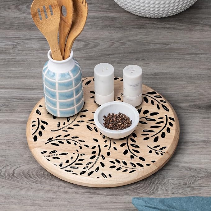 CounterArt Black Leaves Decorative Round Natural Wood Lazy Susan Turntable 14" Diameter Condiment Caddy, Cheese Server, Cake Plate, Spice Organization