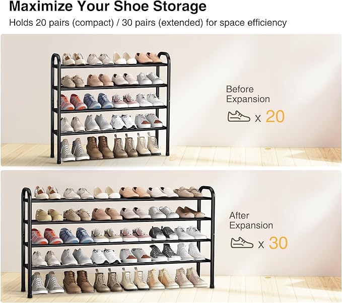 STO STO Long Expandable Shoe Rack 4-Tier, Adjustable Length 33.7”–47.5” Shoe Organizer, Metal Shoes Storage Shelf, Holds Up to 30 Pairs, Non-Slip Feet, for Closet, Entryway, Hallway, Front Door, Black