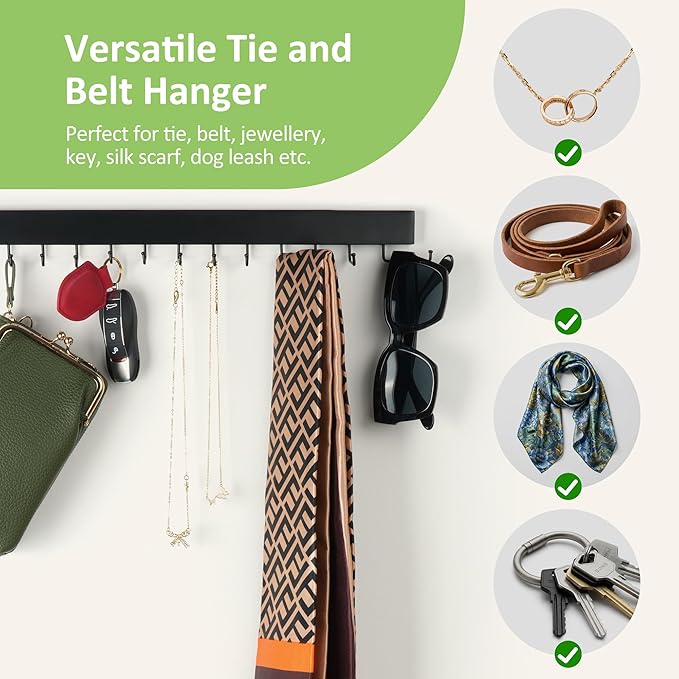 2 Pack Tie Hanger Wall Mounted, Wooden Tie Rack Belt Hanger with 24 Non Slip 180° Rotating Hooks, Belt Organizer Space Saving Tie Hanger for Closet, Tie Holder & Tie Organizer, Black