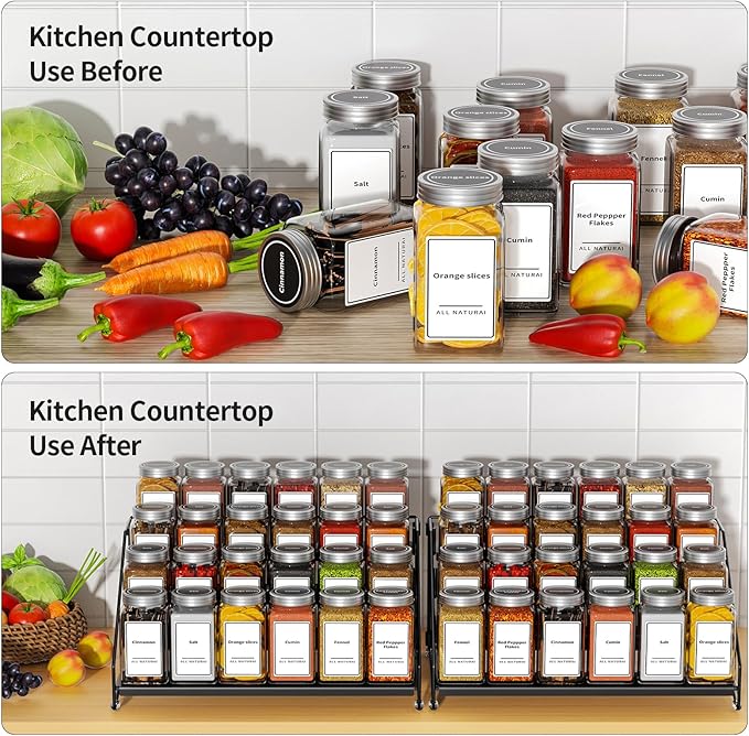 BOIVSHI 4 Tier Spice Rack Organzier, Spice Rack for Cabinet, Adjustable Depth Seasoning Shelf for Countertop, Pantry, Seasoning Organizer, Metal, Black (2 Pack)