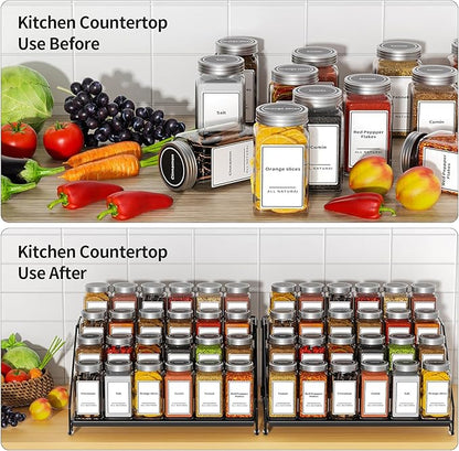 BOIVSHI 4 Tier Spice Rack Organzier, Spice Rack for Cabinet, Adjustable Depth Seasoning Shelf for Countertop, Pantry, Seasoning Organizer, Metal, Black (2 Pack)