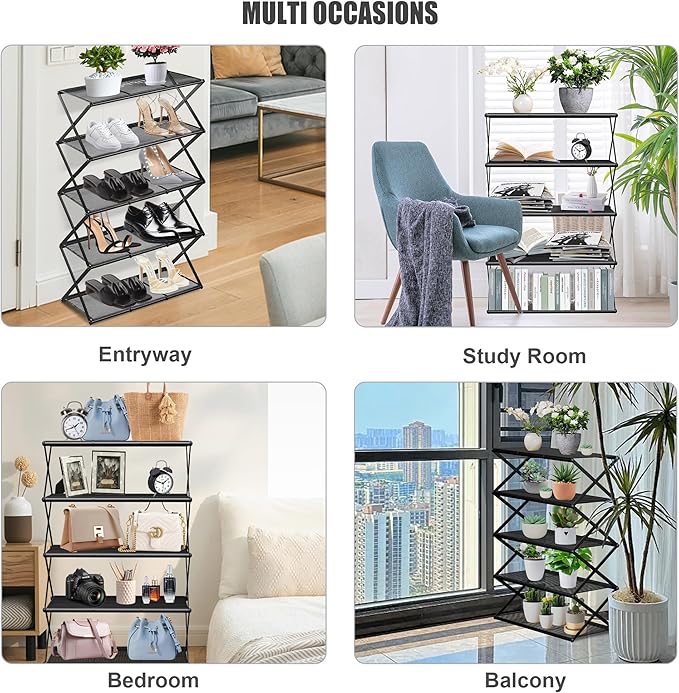 Shoe Rack for Entryway 5 Tier Foldable Shoe Rack Without Assembly Collapsible Metal Shoe Organizer Folding Shoe Storage Rack for Door, Living Room, Black