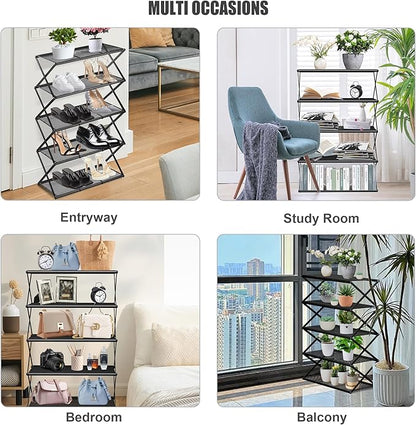 Shoe Rack for Entryway 5 Tier Foldable Shoe Rack Without Assembly Collapsible Metal Shoe Organizer Folding Shoe Storage Rack for Door, Living Room, Black