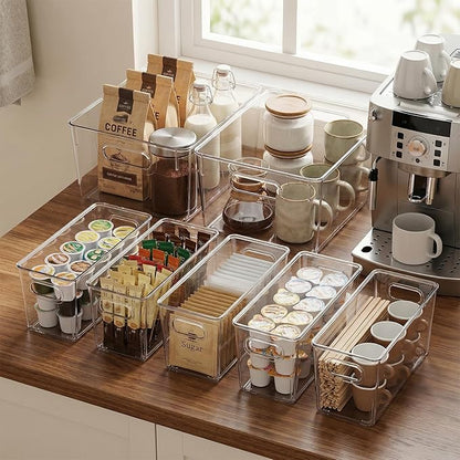 MOONEDGE Set of 12 Clear Plastic Storage Organizer Bins – 4 Large and 8 Small Nestable Space-Saving System for Under-Sink, Bathroom, Kitchen, Fridge & Cabinet Organization