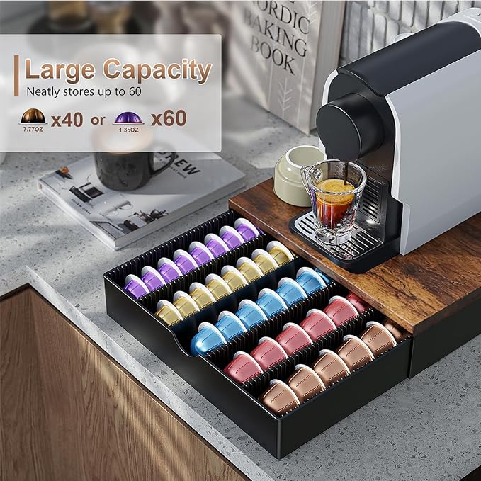 Coffee Pods Drawer Organizer Compatible with Nespresso Vertuo Pods Holds Up to 60 Small or 40 Large (Brown)