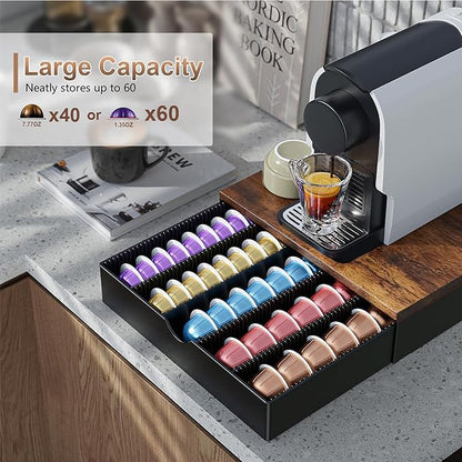 Coffee Pods Drawer Organizer Compatible with Nespresso Vertuo Pods Holds Up to 60 Small or 40 Large (Brown)