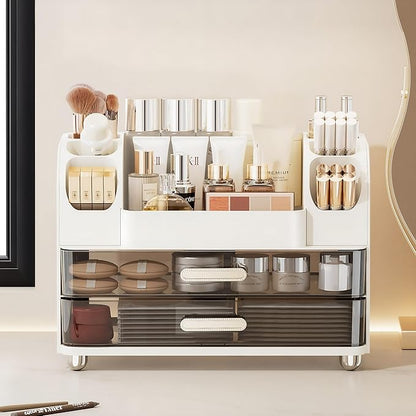 Makeup Organizer with 2 Drawers, Cosmetic Display Case, Storage Holder for Vanity, Bathroom Counter, Desk, Beauty Supplies (White)
