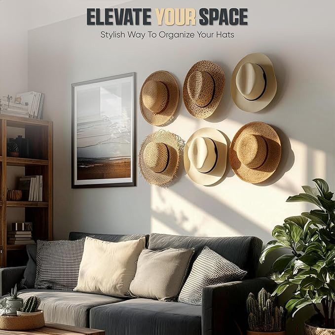 Modern JP Adhesive Hat Hooks for Wall (6-Pack) - Cowboy Hat Rack, Wide Brim Hat Organizer, Strong Hold Hat Hangers for Wall - Clear