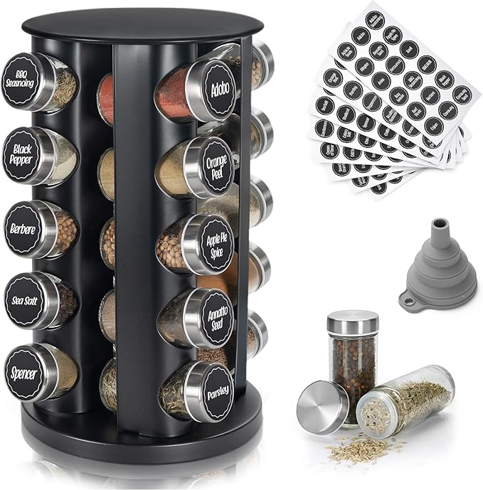 Tianifa Black Countertop Revolving Spice Rack, Empty 20-Jars Rotating Spice Rack Organizer, Round Carousel Tower, 135 Spice Labels with Funnel Complete Set, for Kitchen Countertop, Cabinet