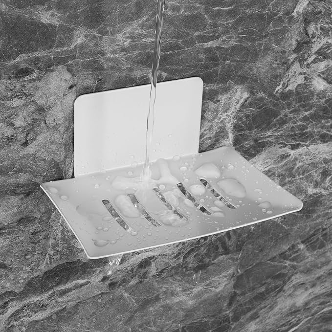 Soap Dishes for Bathroom, Bar Soap Holder with Self Draining Tray, Soap Tray for Shower Wall, 5 Slot Self-Adhesive Soap Container (White)