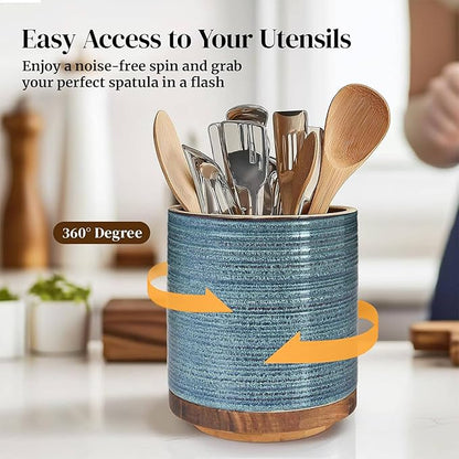 DOWAN 360° Rotating Extra Large Cooking Utensil Holder, 7.6" Kitchen Utensil Holder for Countertop, Utensil Crock for Farmhouse Kitchen Decor, Ceramic Stable Utensil Caddy, Blue