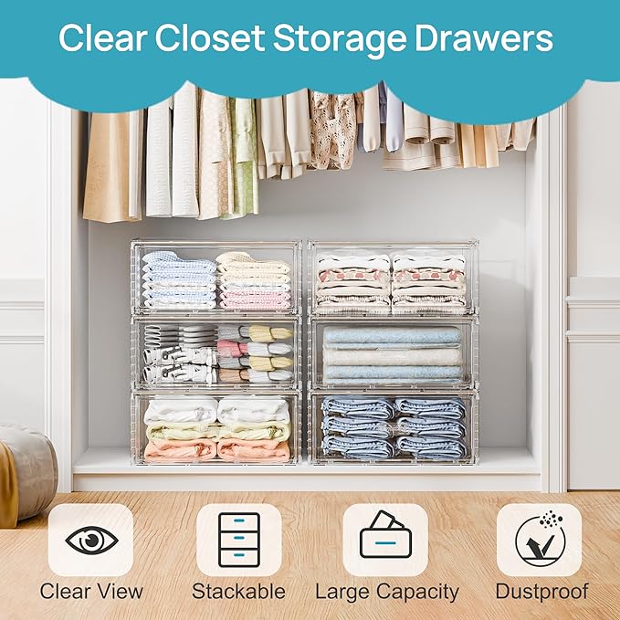 Vtopmart 4 Pack Large Clear Stackable Storage Drawers 27QT, Easily Assemble Plastic Closet Storage Bins, Dust-Proof UnderBed Organizer for Clothing, Sweater Organization