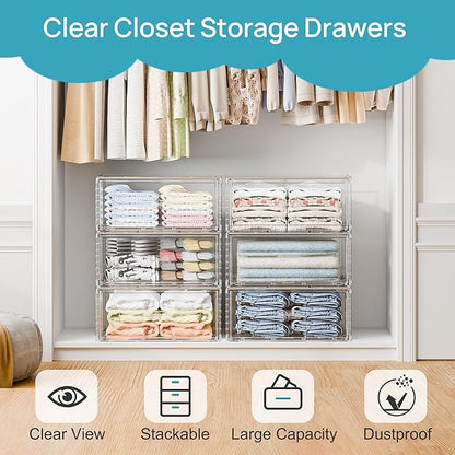 Vtopmart 4 Pack Large Clear Stackable Storage Drawers 27QT, Easily Assemble Plastic Closet Storage Bins, Dust-Proof UnderBed Organizer for Clothing, Sweater Organization