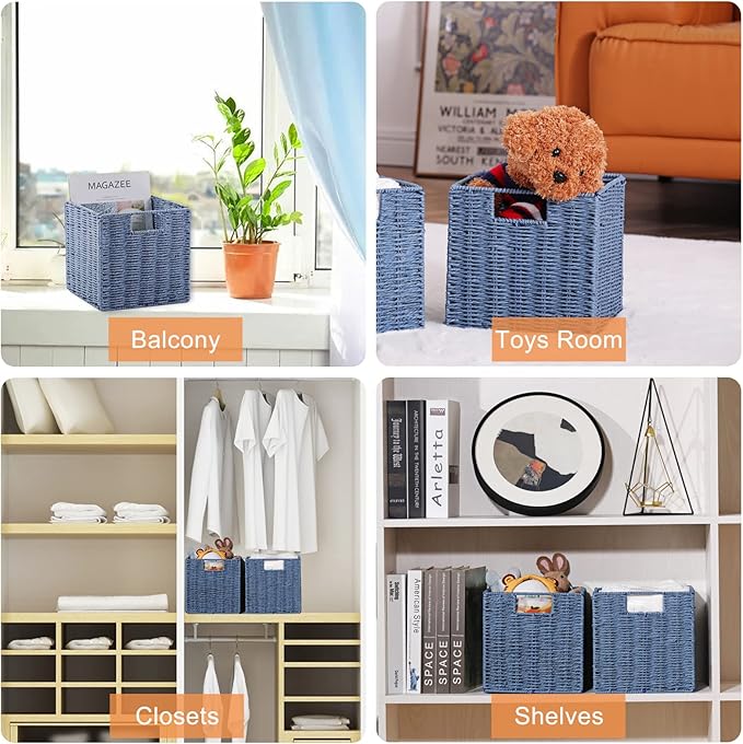 Vagusicc Wicker Storage Basket, Set of 2 Hand-Woven Storage Baskets for Shelves with Handles, Foldable Cube Storage Bins Organizer, Blue 13x13 Inch Large Wicker Baskets for Pantry Bedroom Decor, Blue