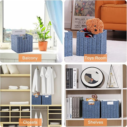 Vagusicc Wicker Storage Basket, Set of 2 Hand-Woven Storage Baskets for Shelves with Handles, Foldable Cube Storage Baskets Bins 11 Inch Large Wicker Baskets for Pantry Decor, Blue(11''x11''x11'')