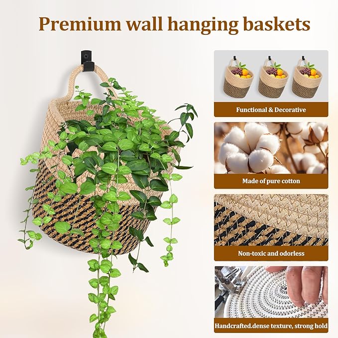 Fabric Wall Hanging Baskets 3 Pack - Woven Storage Organizers with Adhesive Hooks, Boho Style Wall Mounted Pouches for Home Kitchen Door (Large, Khaki & Dark brown)