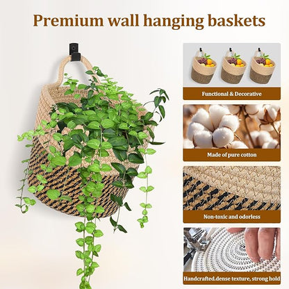 Fabric Wall Hanging Baskets 3 Pack - Woven Storage Organizers with Adhesive Hooks, Boho Style Wall Mounted Pouches for Home Kitchen Door (Large, Khaki & Dark brown)