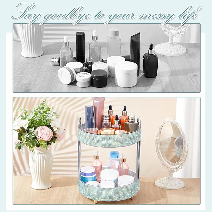 Honeydak 360 Rotating Perfume Organizer for Mother Day Nurse Day Rhinestone Bathroom Counter Organizer Makeup Holder Skincare and Perfume Storage for Cosmetic Countertop(2 Tiers,Resin Stone,Silver)