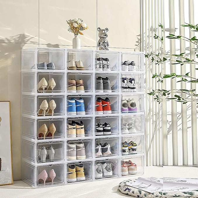 XXL Drop Front Shoe Storage Box Stackable, 6 Pack Shoe Display Case Fit US 15,Sneaker Storage Shoe Containers with Magnetic Door(6 PACK CLEAR)